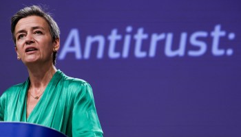 Margrethe Vestager, vice president for the European Commission, addresses the press at the European Union headquarters in Brussels.