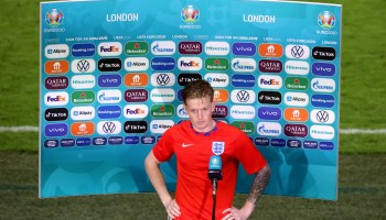 Jordan Pickford of England speaks to the media after the UEFA Euro 2020 Championship semifinal match between England and Denmark at Wembley Stadium on July 7, 2021 in London, England.