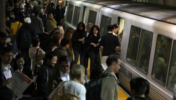 Passengers at a Bay Area Rapid Transit station in San Francisco. Despite the economy reopening, public transit use is still down dramatically in many metropolitan areas.