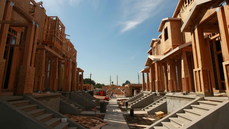 Homes stand under construction at a new housing development October 17, 2008 in Hayward, California.
