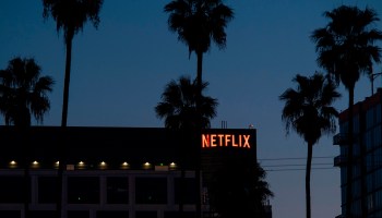 The Netflix logo sign is seen on top ot it's office building on February 4, 2021 in Hollywood, California.