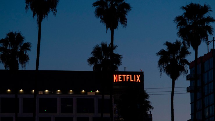 The Netflix logo sign is seen on top ot it's office building on February 4, 2021 in Hollywood, California.