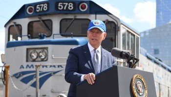 US President Joe Biden delivers remarks at an event marking Amtrak's 50th Anniversary at the William H. Gray III 30th Street Station in Philadelphia, Pennsylvania on April 30, 2021.