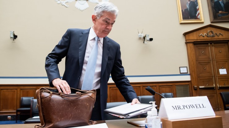 Federal Reserve Board Chairman Jerome Powell arrives to testify at a House Oversight and Reform Select Subcommittee on the Coronavirus hearing June 22, 2021 on Capitol Hill in Washington, DC.