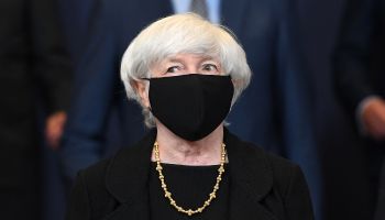 U.S. Treasury Secretary Janet Yellen poses for a photo during a Eurogroup meeting at the EU headquarters in Brussels on July 12, 2021.