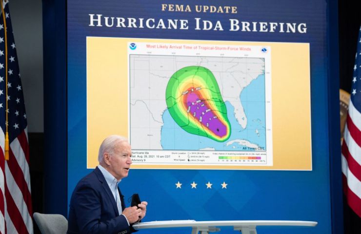 President Joe Biden speaks about preparations for Hurricane Ida during a briefing Saturday by Federal Emergency Management Agency officials.