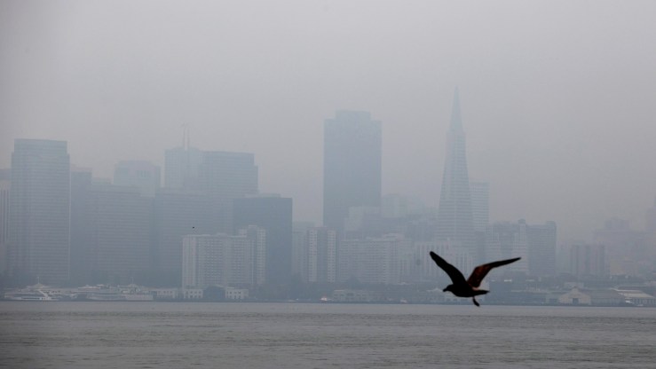 The San Francisco skyline is barely visible through hazy and smoky conditions on September 03, 2020 in San Francisco, California.
