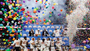 The Texas Longhorns celebrate victory at the Alamodome in San Antonio in December.