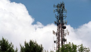 A cell tower stands high above several trees below a blue sky with a few clouds.