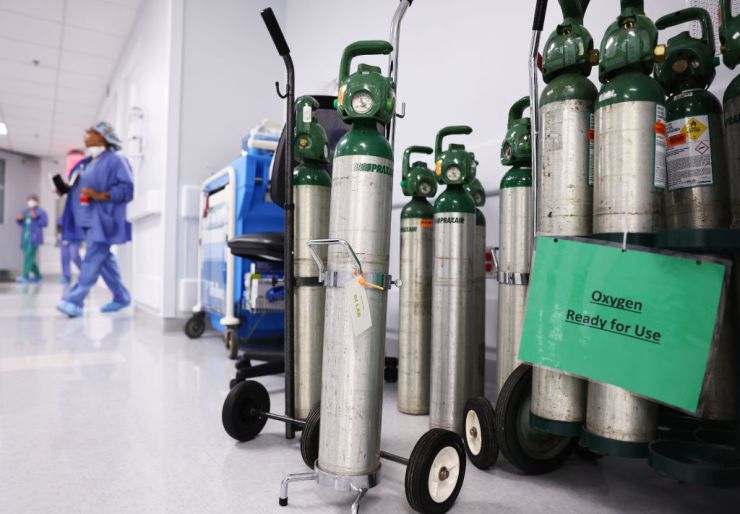 Oxygen tanks are ready for use on a floor dedicated to COVID-19 patients at Lake Charles Memorial Hospital on August 10, 2021 in Lake Charles, Louisiana.