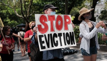 Housing advocate activists hold a protest against evictions near City Hall on August 11, 2021 in New York City.