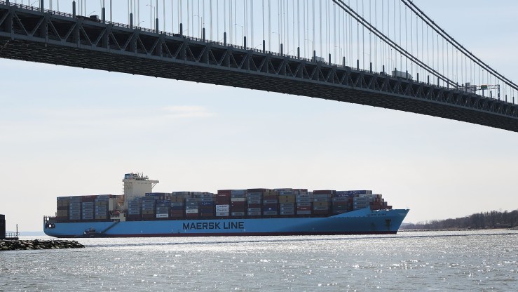 A cargo ship owned by Maersk arrives in New York Harbor.