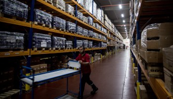 A Vestel City employee works in a stock warehouse in the Vestel City mega factory on May 14, 2018 in Manisa, Turkey.