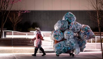 A woman wearing a face mask and a plastic bag pulls a cart loaded with bags of recyclables through the streets of lower Manhattan during the COVID-19 pandemic.
