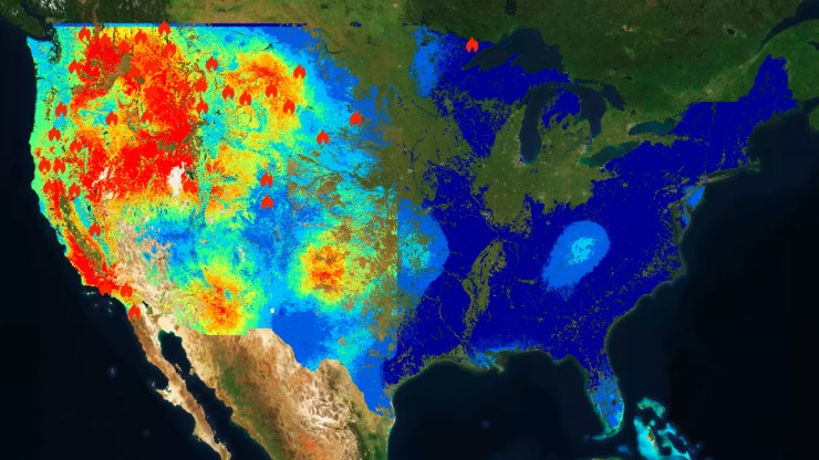 A satellite image rendering on August 11 shows the United States and its potential fire index. It shows red flames to indicate locations of wildfires incidents and yellow blobs to show potential wildfire spread. The west side of the map is glow with yellow, red, and light blue swirls, while the East Coast remains predominantly navy (absent of wildfires).
