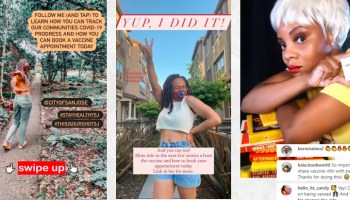 A collage of three influencer posts include one woman walking down a path in a forest, another one posing in a white shirt and jean shirts in a face mask, and a figure in a platinum wig posing with books. Each of these posts include a reference to the COVID vaccine and how audiences can obtain it within San Jose.