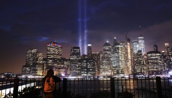 The 'Tribute in Light' memorial lights up lower Manhattan near One World Trade Center on September 11, 2018 in New York City.