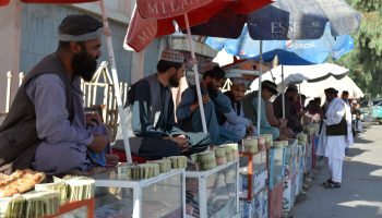 Afghan money exchangers are lined up in a row.