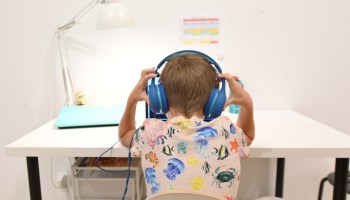 A child wearing a pink shirt with multicolored fish sits at a desk with his back facing the camera holding blue headphones to his ears as he takes a virtual class.