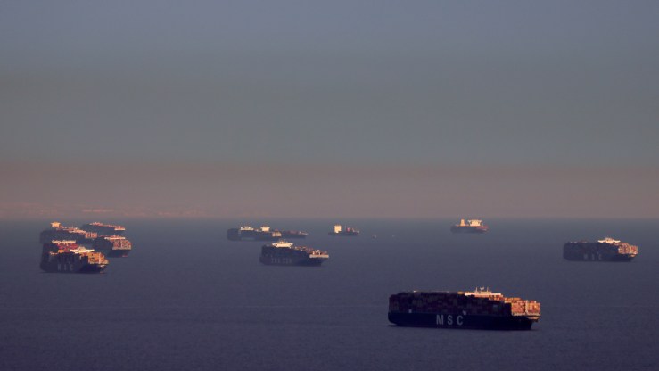 Container ships and tankers anchored near the ports of Los Angeles and Long Beach in February.