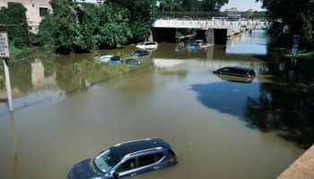 Cars sit abandoned on the flooded Major Deegan Expressway following a night of extremely heavy rain from the remnants of Hurricane Ida on September 2, 2021 in the Bronx borough of New York City.