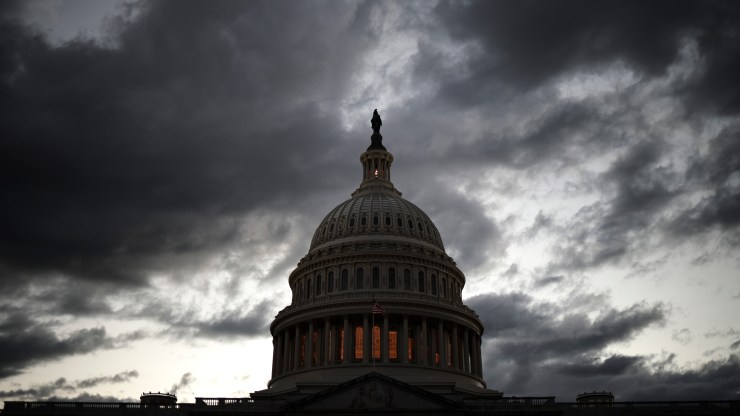 Clouds hang over the U.S. Capitol as senators complete the last votes of the week on September 23, 2021 in Washington, DC.