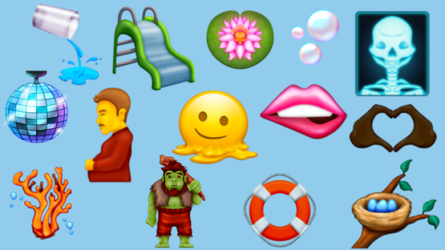 A collage of new emojis from Unicode 14. These include from left to right a glass pouring liquid, a slide, a lotus, bubbles, x-ray, disco ball, pregnant person, melting face, biting lip, heart hands in a dark skin tone, bleached coral, a troll, a life raft, and a robin's nest filled with eggs on a branch.