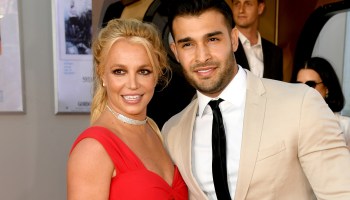 A view of Britney Spears with her fiancé Sam Asghari at a movie premiere in 2019.