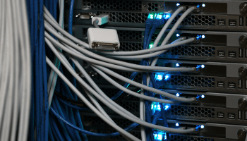 Blue and gray wires are plugged into a computer server.