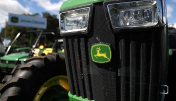 The John Deere logo is displayed on a tractor at Belkorp Ag on May 20, 2016 in Santa Rosa, California