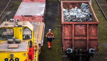 Trains with scrap metal stay in front of the Huettenwerk Krupp Mannesmann GmbH steel mill on March 5, 2018 in Duisburg, Germany.