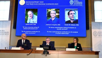 The Royal Swedish Academy of Sciences and members of the Nobel Economics Prize committee give a press conference to announce the winners of the 2021 Nobel Memorial Prize in Economic Sciences.