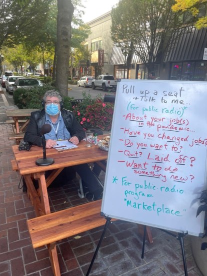 Marketplace senior reporter Mitchell Hartman interviewing passersby in Eugene, Oregon, about the so-called “Great Resignation.”