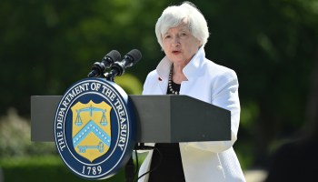 Treasury Secretary Janet Yellen speaks during a press conference in London on June 5, 2021.