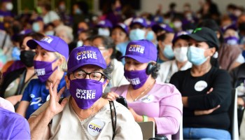 Long-term caregivers and supporters rally in Los Angeles in July for greater investment in the country's caregiving infrastructure.