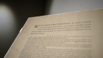 A page of the first printing of the United States Constitution is displayed at the offices of Sotheby's auction house in New York on Sept. 17.