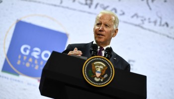 Biden addresses a press conference at the end of the G-20 summit on Oct. 31 in Rome.