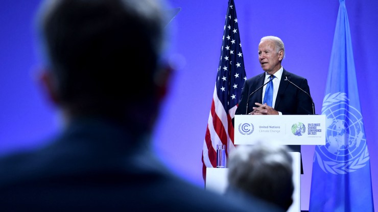 US President Joe Biden addresses a press conference at the COP26 UN Climate Change Conference in Glasgow on November 2, 2021
