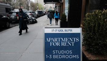 Apartments are advertised in an area of of lower Manhattan with many empty buildings on April 16, 2021 in New York City.