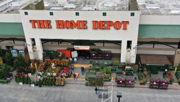 In an aerial view, customers enter a Home Depot store on November 16, 2021 in San Rafael, California.