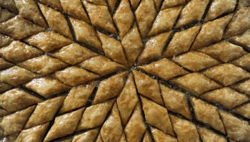 Baklava pastries are arranged in a geometric pattern.