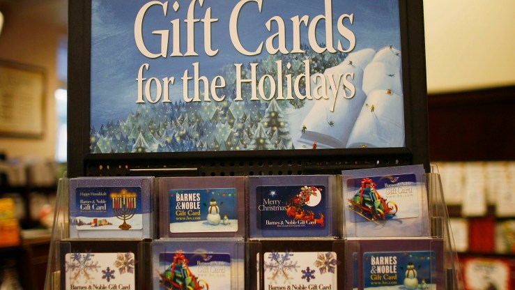 A holiday gift card rack at a Barnes & Noble.