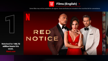 A screenshot from Netflix's new top 10 site featuring its popular original film "Red Notice."