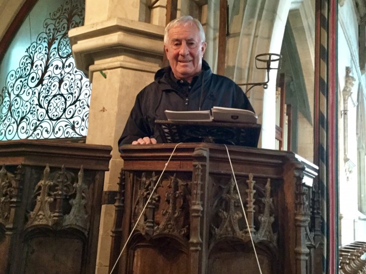 Wyn tries the 14th century pulpit.  (Photo by Mimisse Barbe)