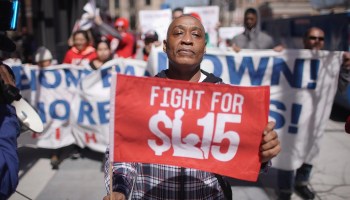 Demonstrators march in front of the McDonalds Headquarters demanding a minimum wage of $15-per-hour and union representation on April 03, 2019 in Chicago, Illinois.