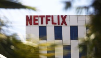 The Netflix logo is displayed at the company's offices on Sunset Boulevard in Los Angeles.