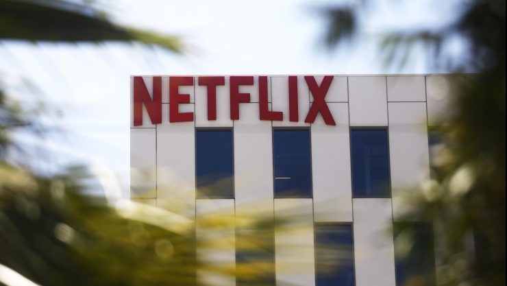The Netflix logo is displayed at the company's offices on Sunset Boulevard in Los Angeles.
