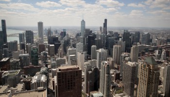 A view from the 360 Chicago observation deck shows the city skyline, where most of the offices remain empty as work-from-home has become the new normal due to fears of the spread of COVID-19 on May 12, 2020 in Chicago, Illinois.