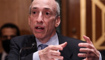 Gary Gensler, chairman of the Securities and Exchange Commission, testifies in front of the Senate.
