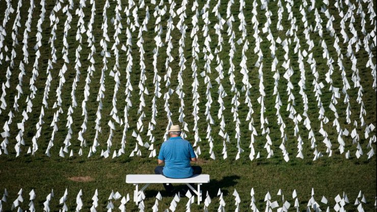 An aerial view of "In America: Remember," a public art installation commemorating Americans who died due to COVID-19. The installation ran in the National Mall from September 17 to October 3, 2021.